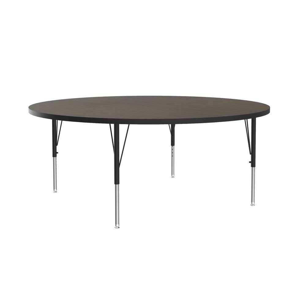 Correll 60" Round Econoline Classroom Activity Table, Walnut Melamine Top, Height Adjustable (19"-29"), Black/Chrome Legs, School Furniture, Made in The USA