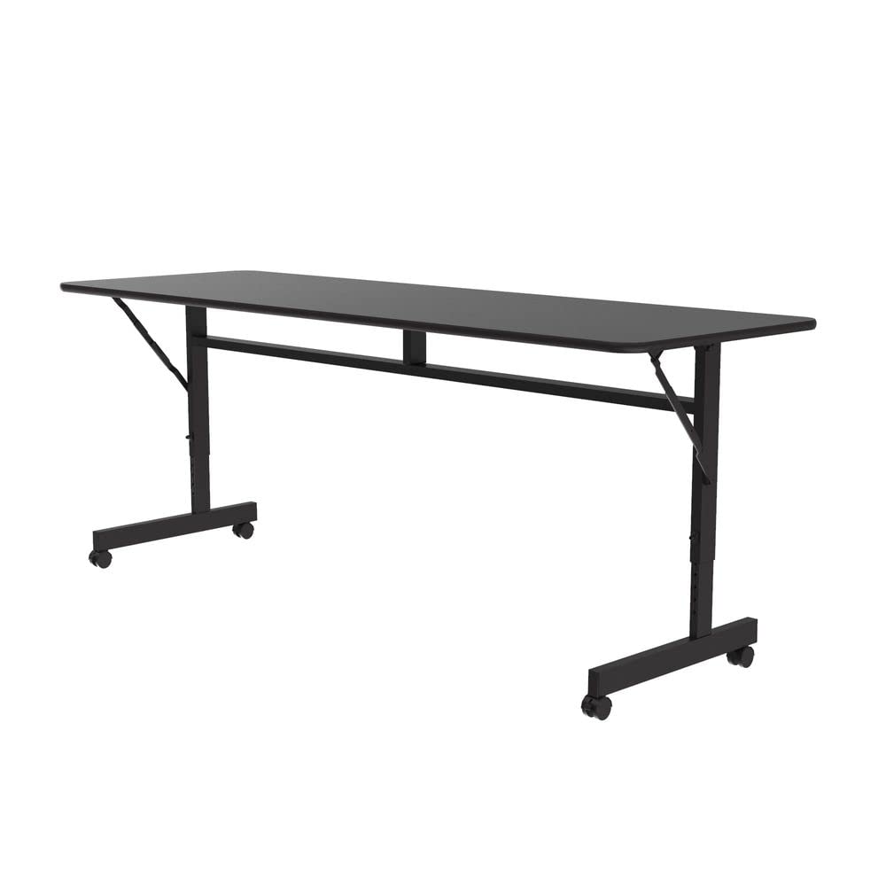 Correll 24"x60", Flip Top Office Training Table, Black Granite Commercial Laminate Top, Height Adjustable (23"-31") Workstation, 4 Castors, Folds Flat & Nest Together, Made in The USA