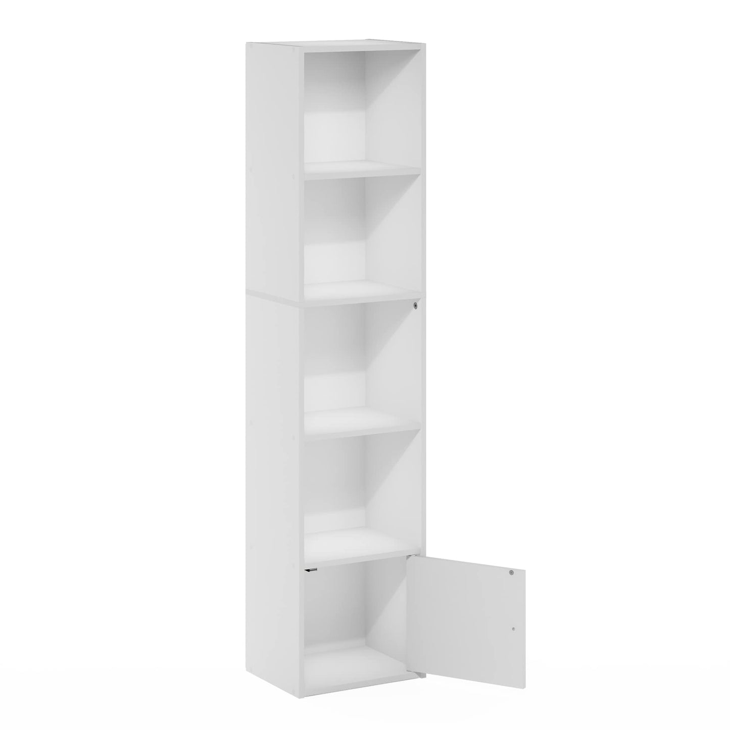 Furinno LUDER Book Shelf, 5-Tier Modern Bookshelf, Bookcase with 1 Door Storage Cabinet, 9.3 x 12 x 52, for Organization and Storage, for Living Room, Bedroom, Home Office, White