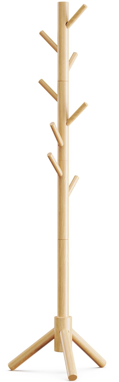 Pipishell Solid Wooden Coat Rack Freestanding, Hall Tree with 8 Hooks, 3 Height Options for Coats, Hats, Handbags, and Scarves, Tool-Free Assembly, Space Saving Design for Entryway, Office, Bedroom