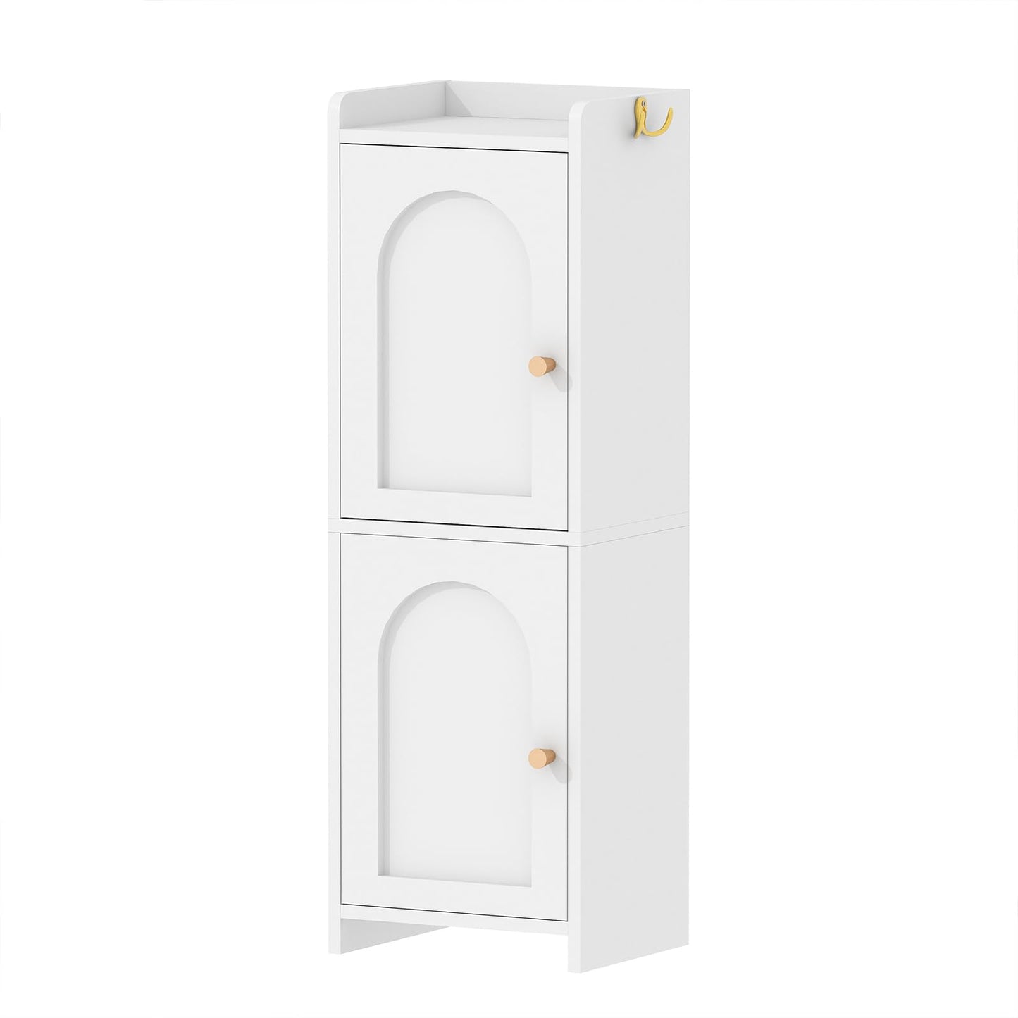 Arbuxzuy Small Bathroom Storage Cabinet,Corner Floor Cabinet with 2 Doors and Adjustable Shelf, Narrow Toilet Paper Cabinets with 2Hooks,Toilet Organizer for Small Spaces,7.87"D*9.84"W*29.72"H(White)