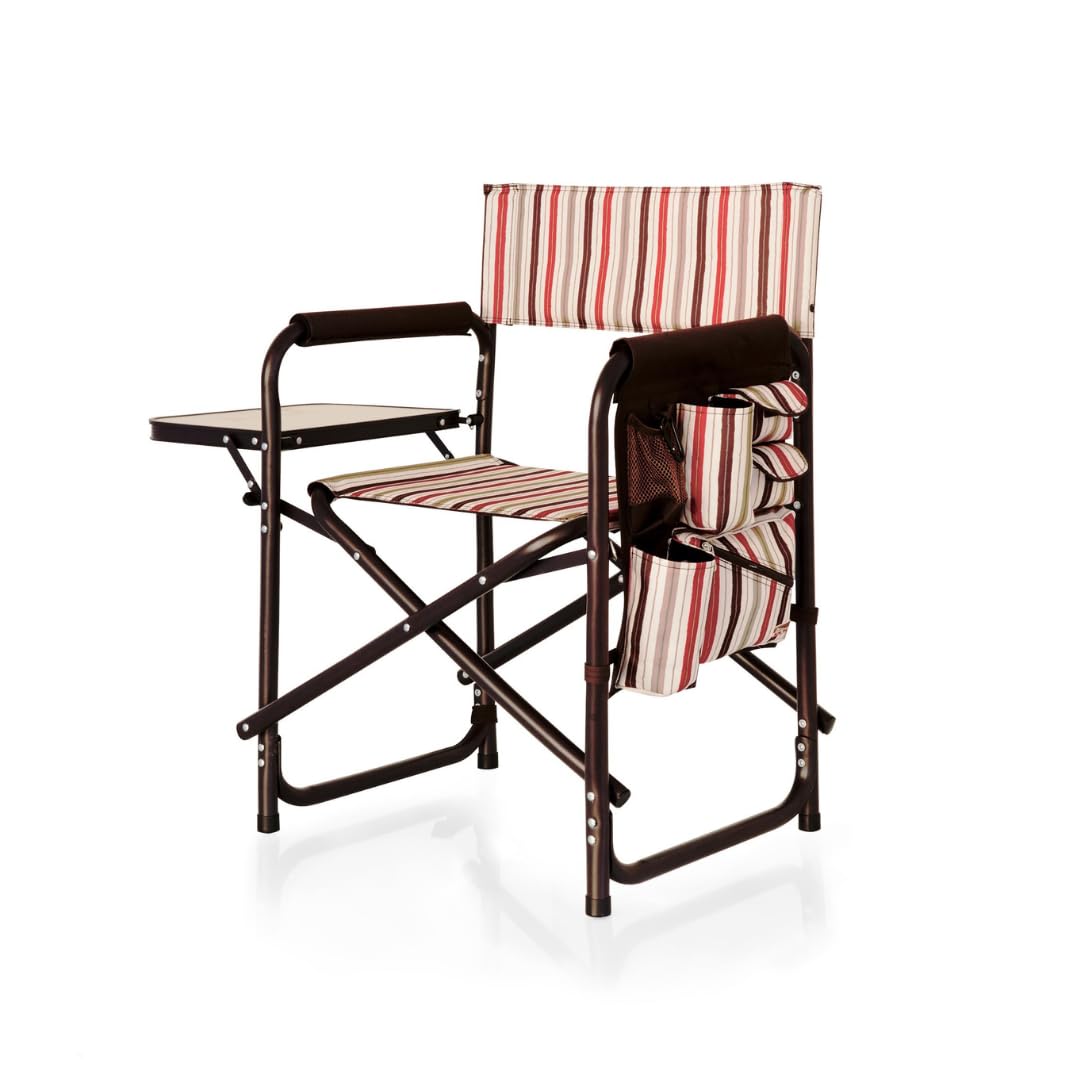 PICNIC TIME Sports Chair with Side Table and Armrest Caddy, Lightweight Aluminum Folding Outdoor Camping Chair for Adults, Portable Director Style Lawn Seating with Pockets & Strap, (Moka Collection)