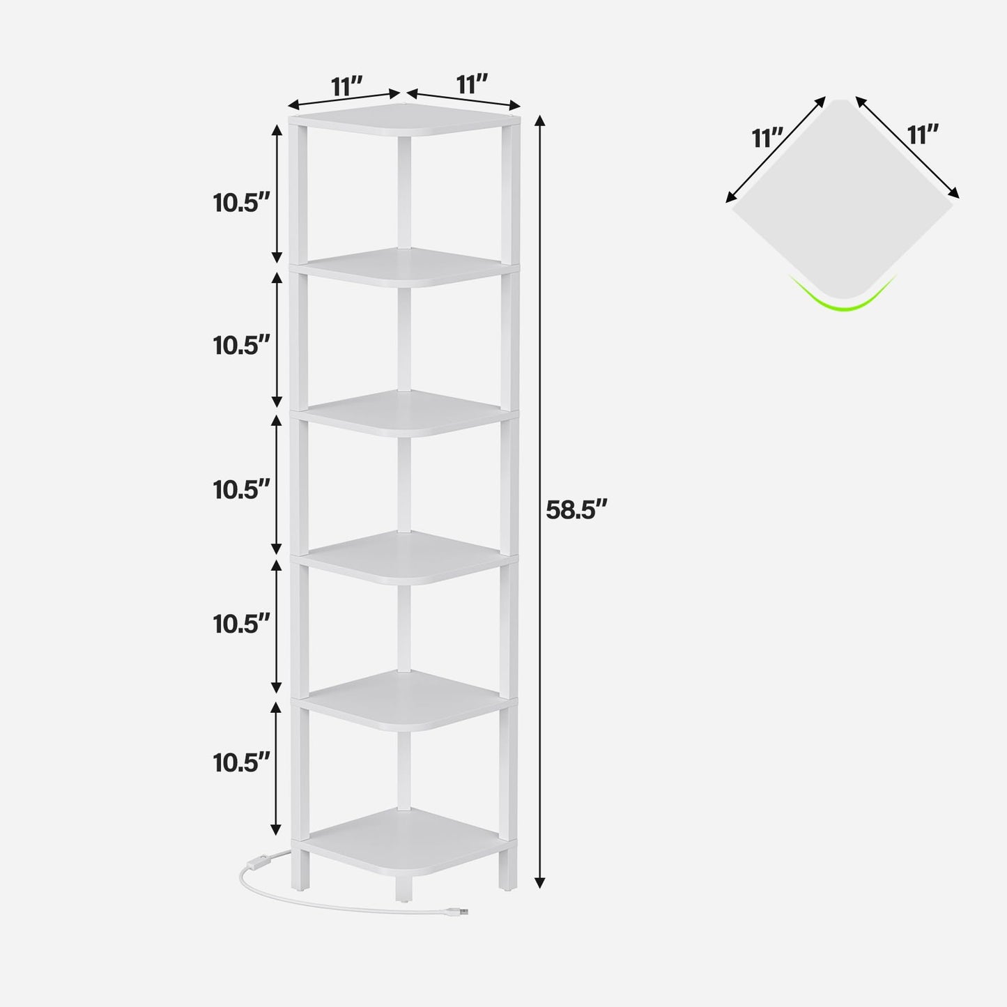 TUTOTAK Corner Shelf with LED Light, 6-Tier Corner Bookshelf for Small Space, Narrow Display Corner Shelf Stand with Storage Rack, for Living Room, Bedroom, White BS08BW006L