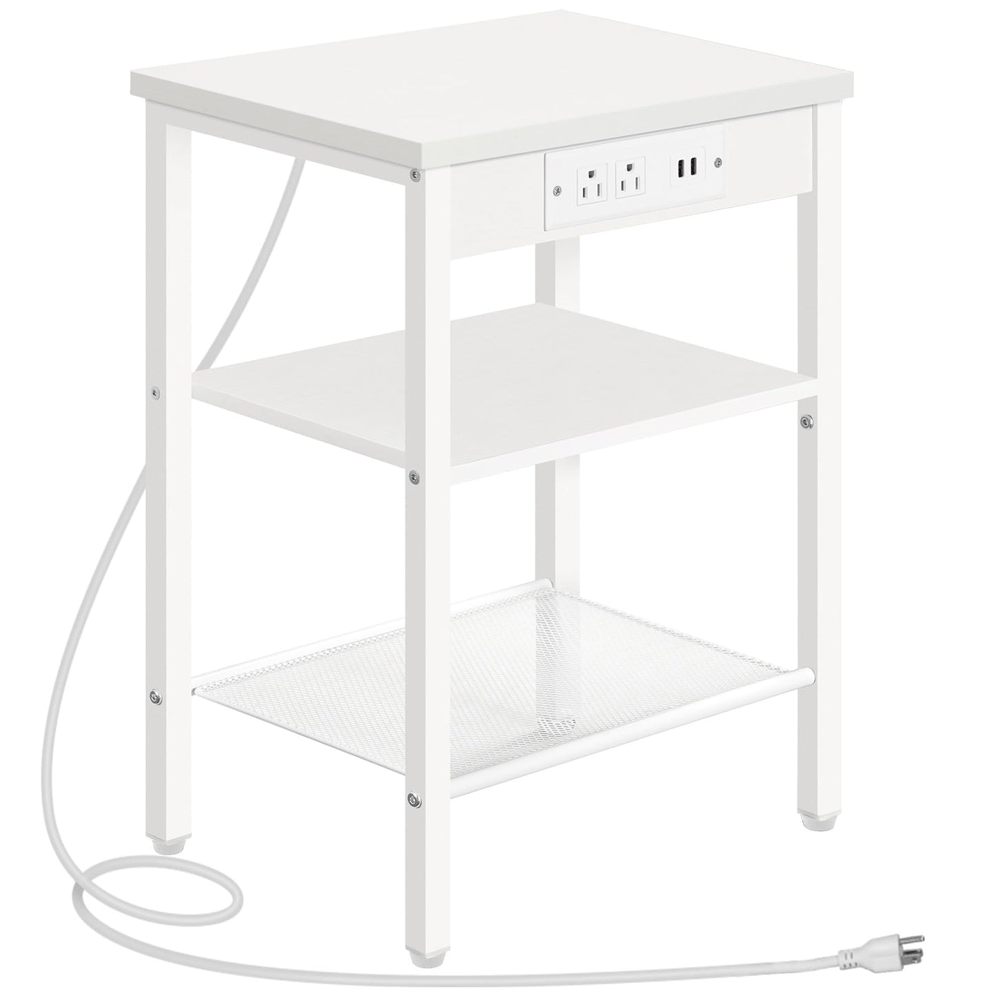 HOOBRO Side Table with Charging Station and USB Port, Small End Table for Small Space, 3-Tier Nightstand with Adjustable Shelf, for Living Room, Bedroom, White WW112BZ01