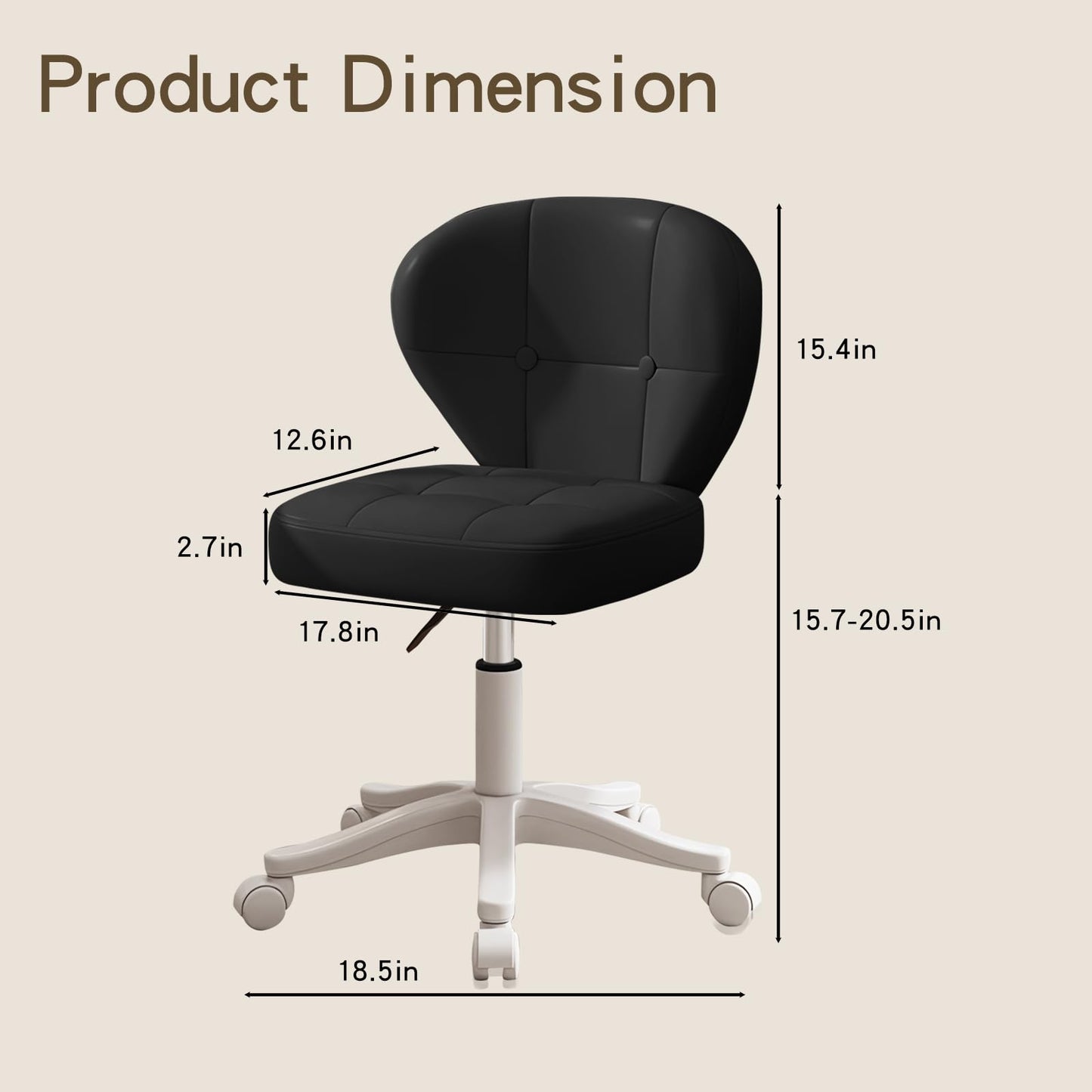 Walktory Vanity Chair with Back – Small Armless Office Chair with Wheels, Lumbar Support, PU Leather, Adjustable Height, 360° Swivel for Home, Bedroom, Office Black Set of 1