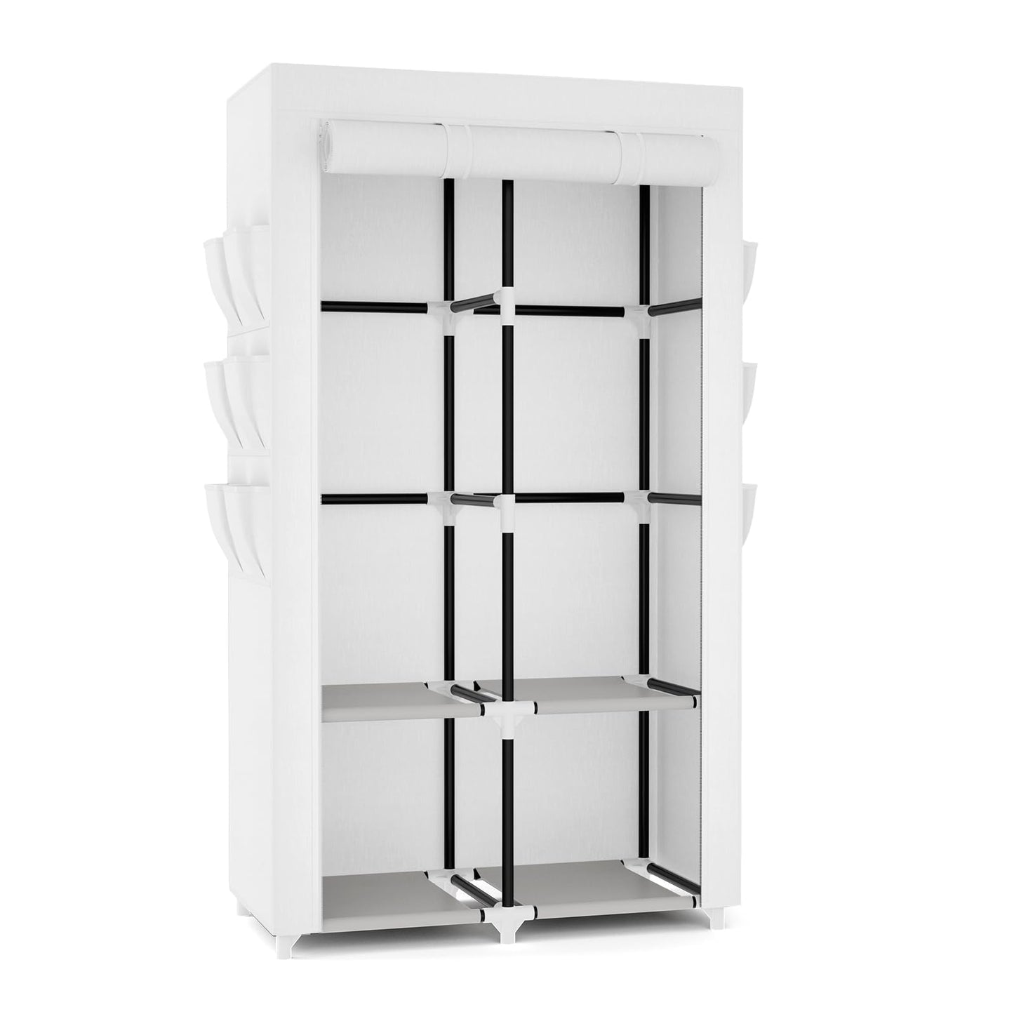 VTRIN Portable Closet Wardrobe Closet for Hanging Clothes with 4 Storage Shelves, 2 Hanging Rods and 6 Pockets, Stable and Easy Assembly Clothes Rack with Cover Free Standing Closet White