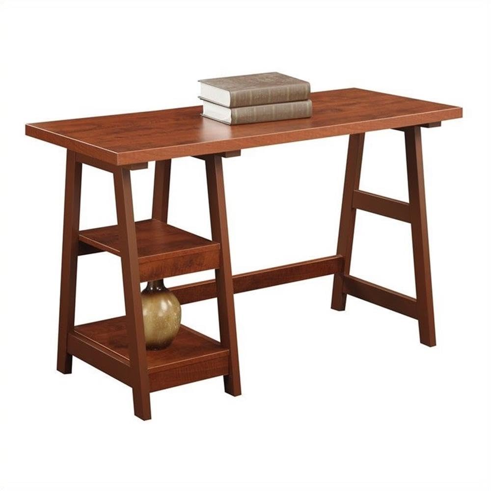 Convenience Concepts Designs2Go Trestle Desk 47" - Modern Desk or Vanity with Shelves, for Office, Dorm, Living Room, Cherry