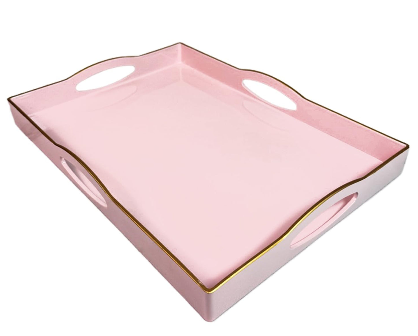 Umisriro Pink Serving Tray with 4 Handles, Plastic Decorative Tray for Coffee Table, Ottoman - Ideal for Living Room & Bathroom. 15” x 11” x 1.9”