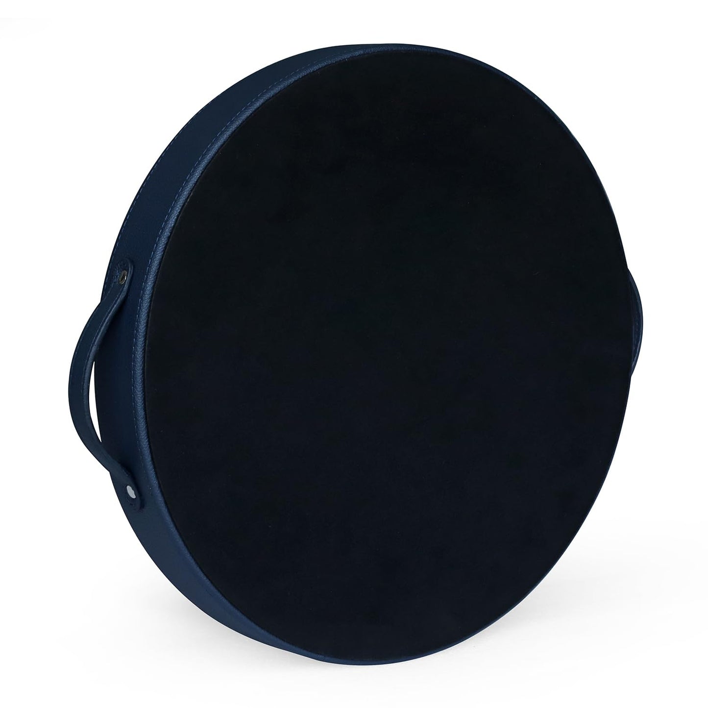 HofferRuffer Top Nocth PU Leather Round Serving Tray, Decorative Serving Tray with Handles, Coffee Tray, Ottoman Tray for Home Or Office, Diameter 14.6-inch (Dark Blue)