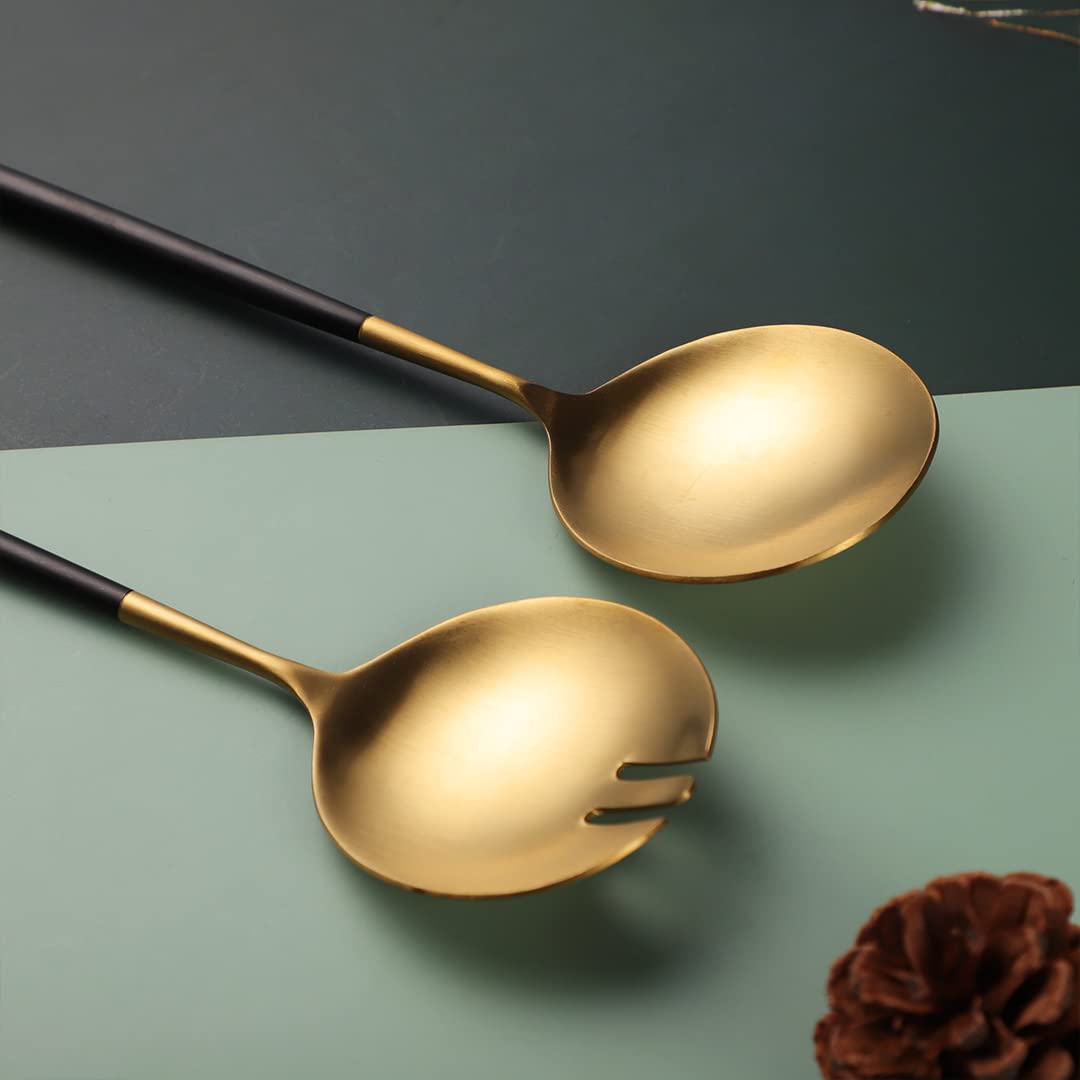 Zerophilo Salad Servers,Spoon and Fork Set 11.41 inch,18/10 Stainless Steel Salad Serving Titanium Plating (Gold)
