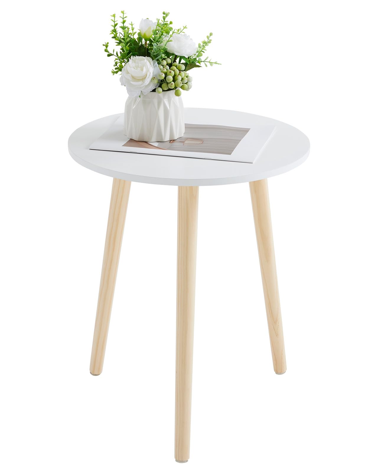 Apicizon Round Side Table Set of 2, White Nightstand Coffee End Table for Living Room, Bedroom, Small Spaces, Modern Home Decor Bedside Table with Natural Wood Legs, 16.5 Inches