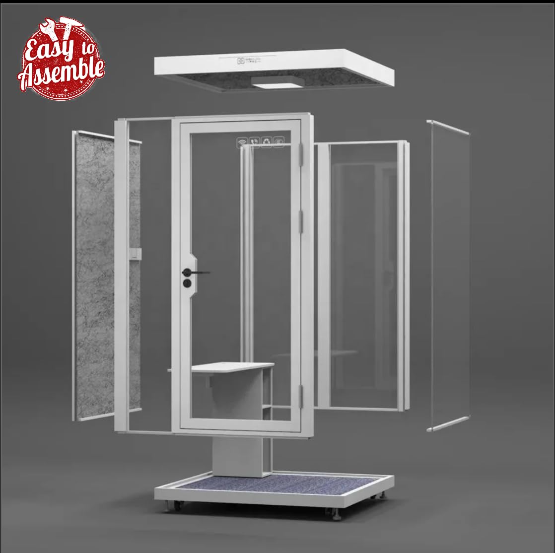 Soundproof Office Pod, 3-Sided Glass Design, Portable Private Workspace with LED Light, Fans, USB Port, White
