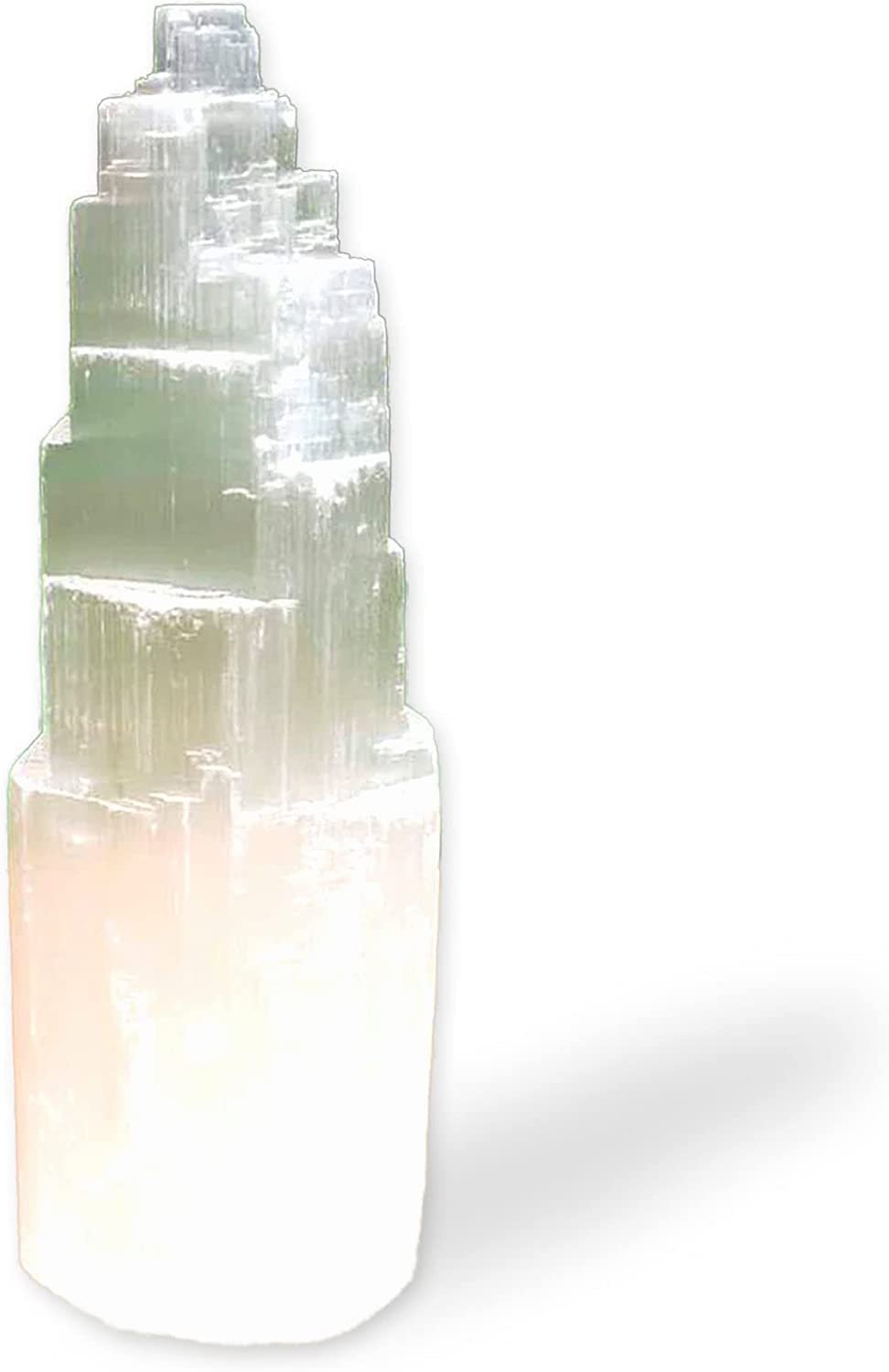 ASENTE 4 Inch Selenite Crystal Tower w/Light Stand - Lighted Base for Positive Energy Crystal Display - Calming Energy & Vibes