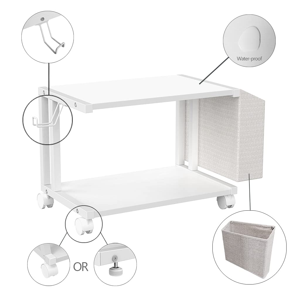 VEDECASA 2 Tier Modern White Wooden Under Desk Printer Stand with Storage Bag for Home Office Desktop Printer Table Organizer Mobile Printer Shelf Cart with Caster Wheel (White)