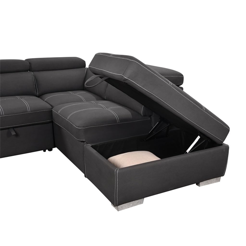 105" Sectional Sofa with Adjustable Headrest,Sleeper Sectional Pull Out Couch Bed with Storage Ottoman and 2 Stools