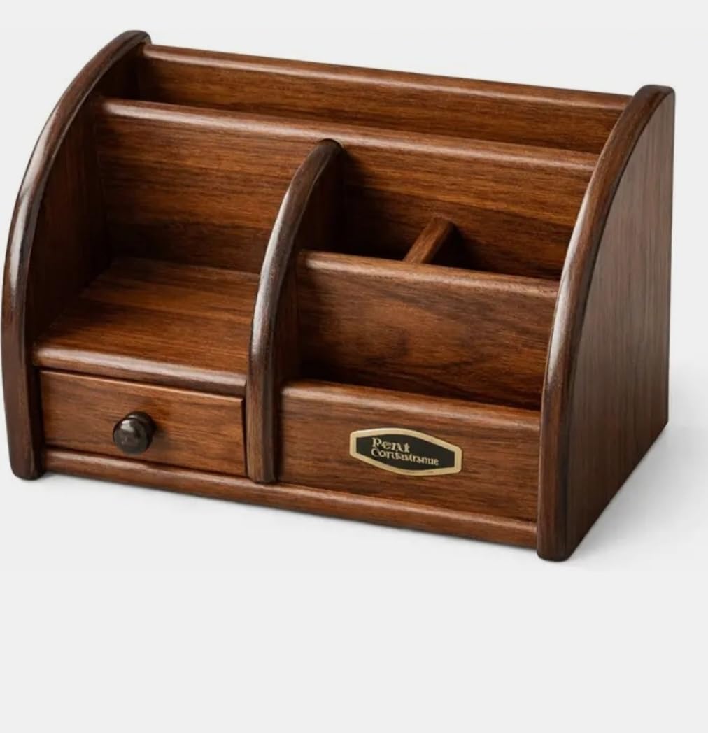 Wooden Desktop Organizer with Drawers, Brown, Vintage Style, Multi-Compartment Desk Storage