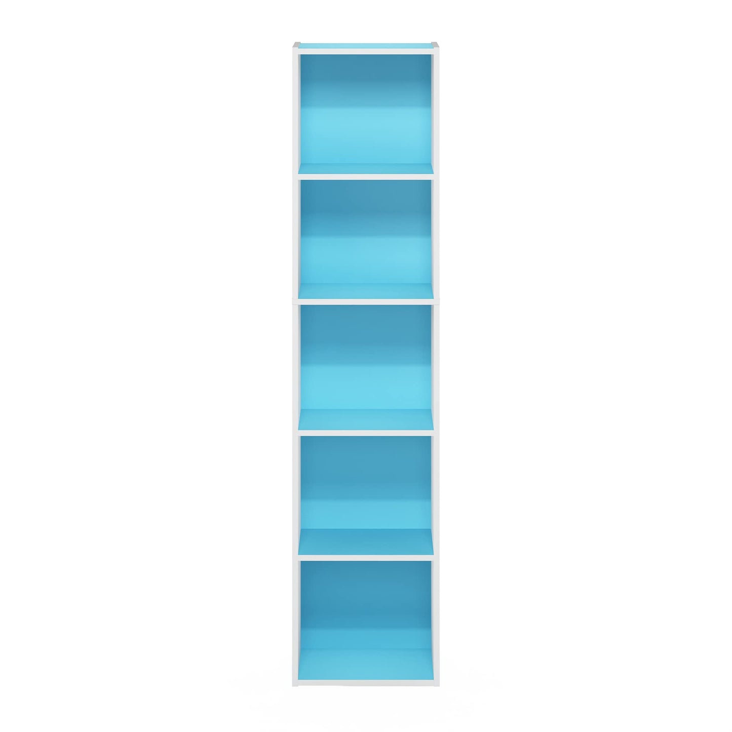 Furinno PASIR Book Shelf, 5-Tier Modern Bookshelf, Open Shelves Bookcase 9 x 12 x 52, Easy Assembly, for Living Room, Bedroom, Home Office, Light Blue/White
