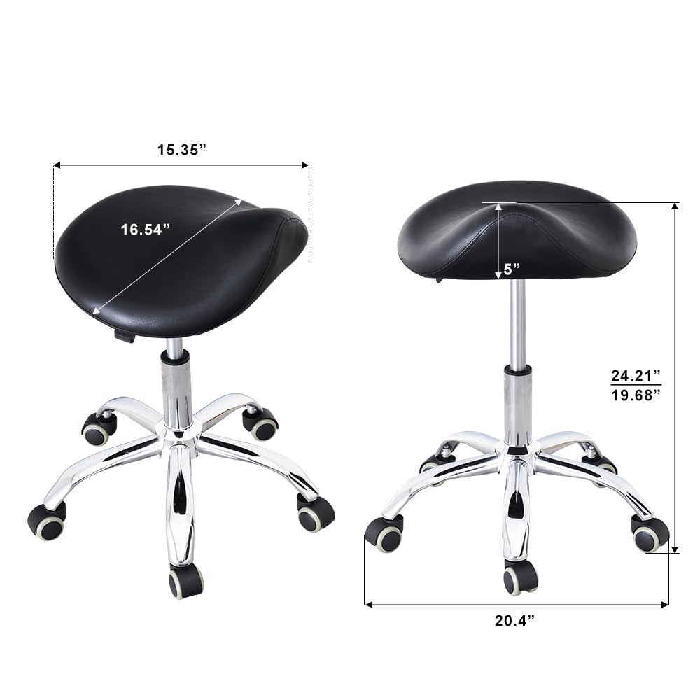 CAISHI Saddle Stool with Wheels, Ergonomic Rolling Height Adjustable Chair for Medical Clinic Dental Tattoo Hair Stylist Salon Facial Nail Artist Spa, Swivel Pu Leather Stool,Black