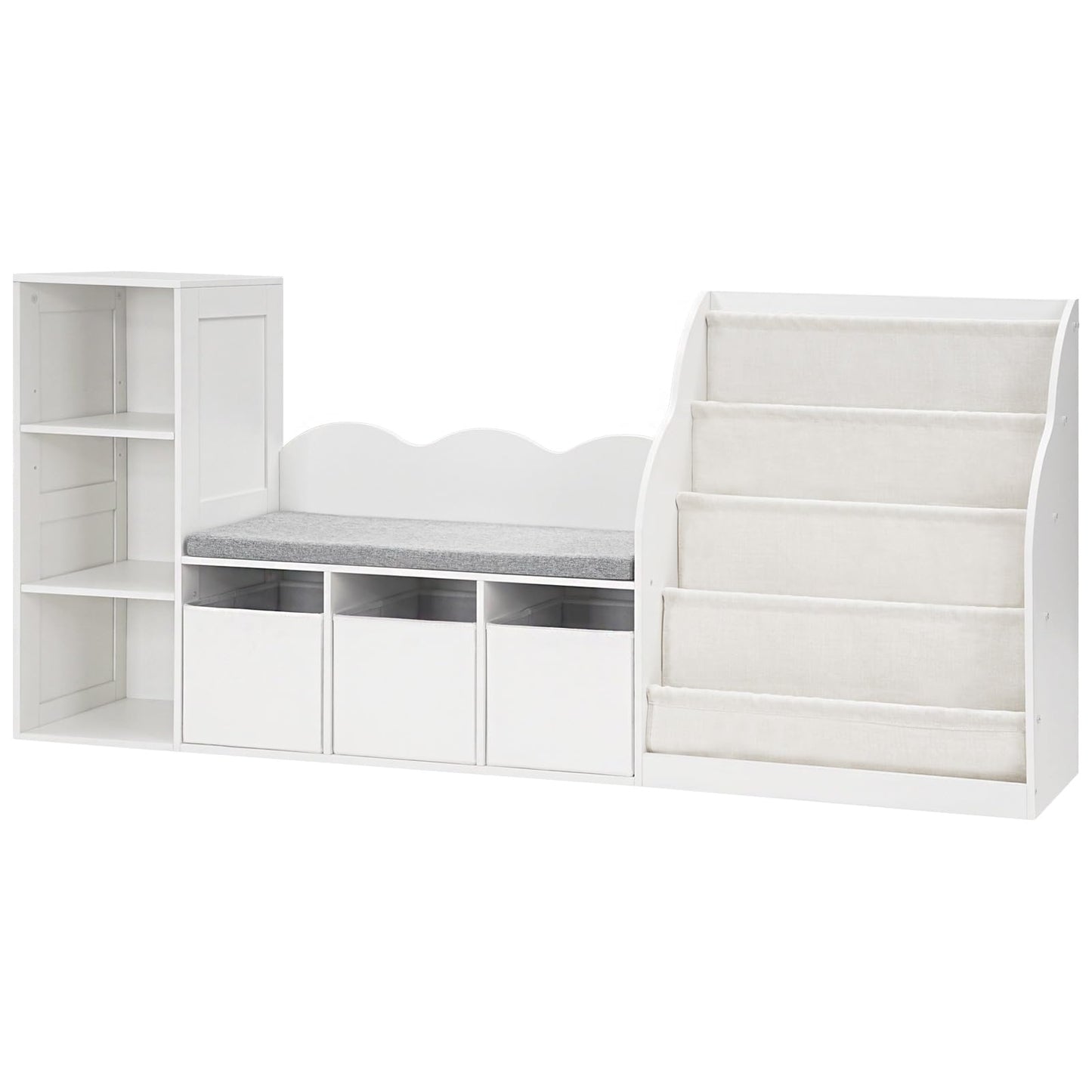 CHOEZON 66.9" Kids Bookshelf with Reading Nook, 3-in-1 Kids Bookcase with Cushion and Sling Shelf, Toy Chest Storage with Fabric Drawers, Reading Nook for Kids, for Playroom, Nursery, White MCW08WB