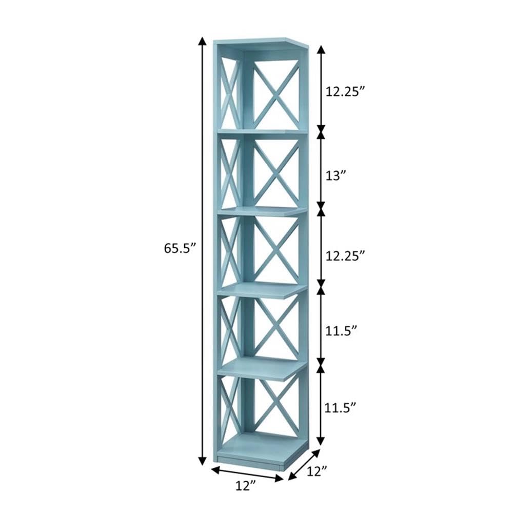 Convenience Concepts Oxford Corner Bookcase 12" - 5-Tier Slim Farmhouse Bookcase for Modern Living & Family Room, Media Storage Organizer for Home Office Library, Tall Shelving Unit, Sea Foam Blue
