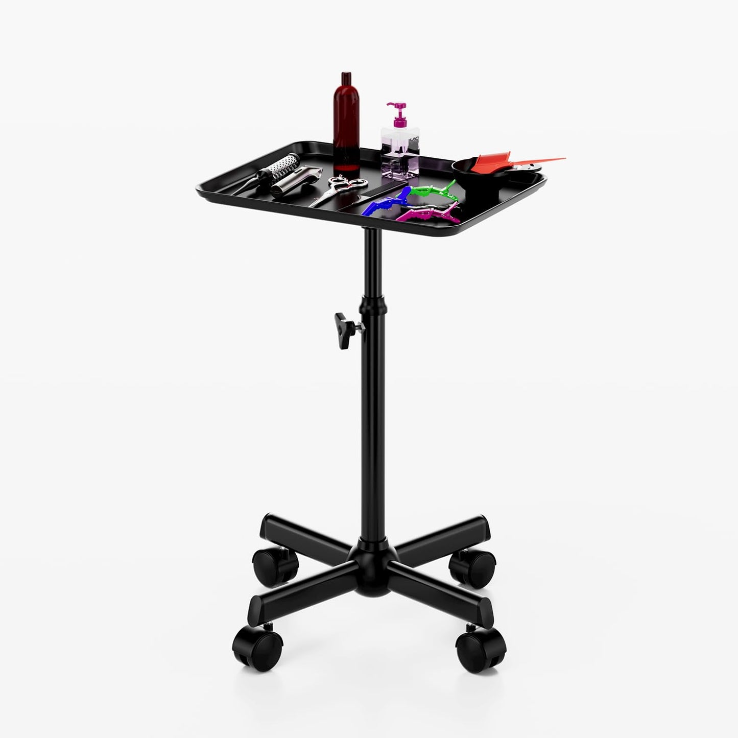 Salon Cart With Adjustable Height Tray on Wheels - Rolling Trolley for Tattoo, Spa, Dental, Hairstylist - Black