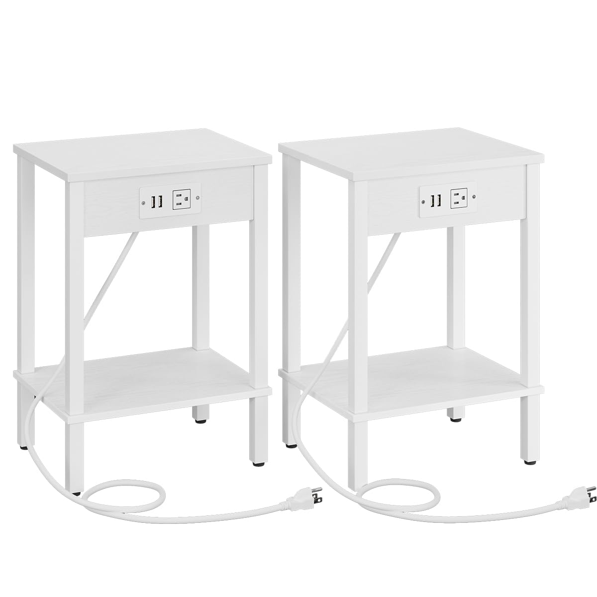 VIMBER Side Table with Charging Station, Set of 2 End Tables with USB Port and Outlets, Nightstands with 2-Tier Storage Shelves, Sofa Table for Small Space, Living Room, Bedroom, White UTBT102W2