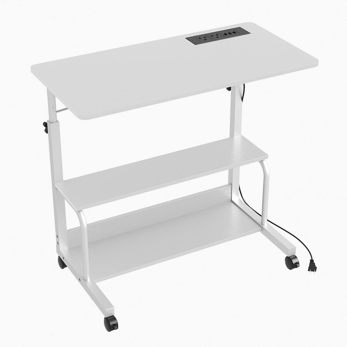 FCH 31.5" Mobile Small Standing Desk, Adjustable Height Mobile Computer Desk, w/2 AC Outlets + 3 USB Ports & Hooks, Storage Shelves, Suitable for Gaming, Studying, Home Office, White