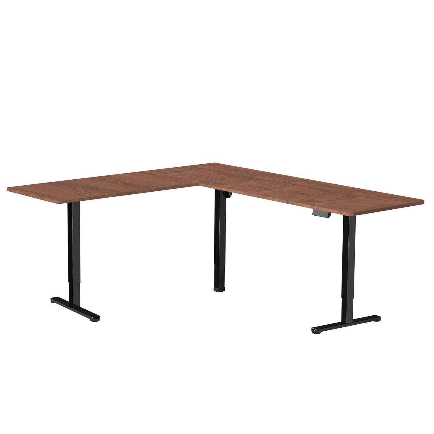 VIVO Corner Standing Desk, 75 x 63 inch Reversible L-Shaped Workstation, Electric Height Adjustment, Home, Office, and Reception Rooms, Dark Walnut Table Top Black Frame, DESK-E3CTD-75