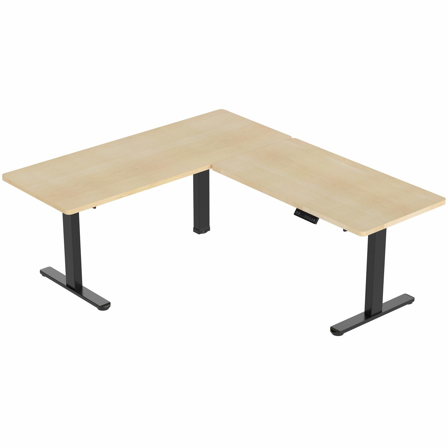 VIVO Electric Height Adjustable 67 x 60 inch Corner Stand Up Desk, 2 Light Wood Solid Table Tops, Black Frame, Memory Controller, L-Shaped Workstation, 3E Series, DESK-KIT-3E6BC