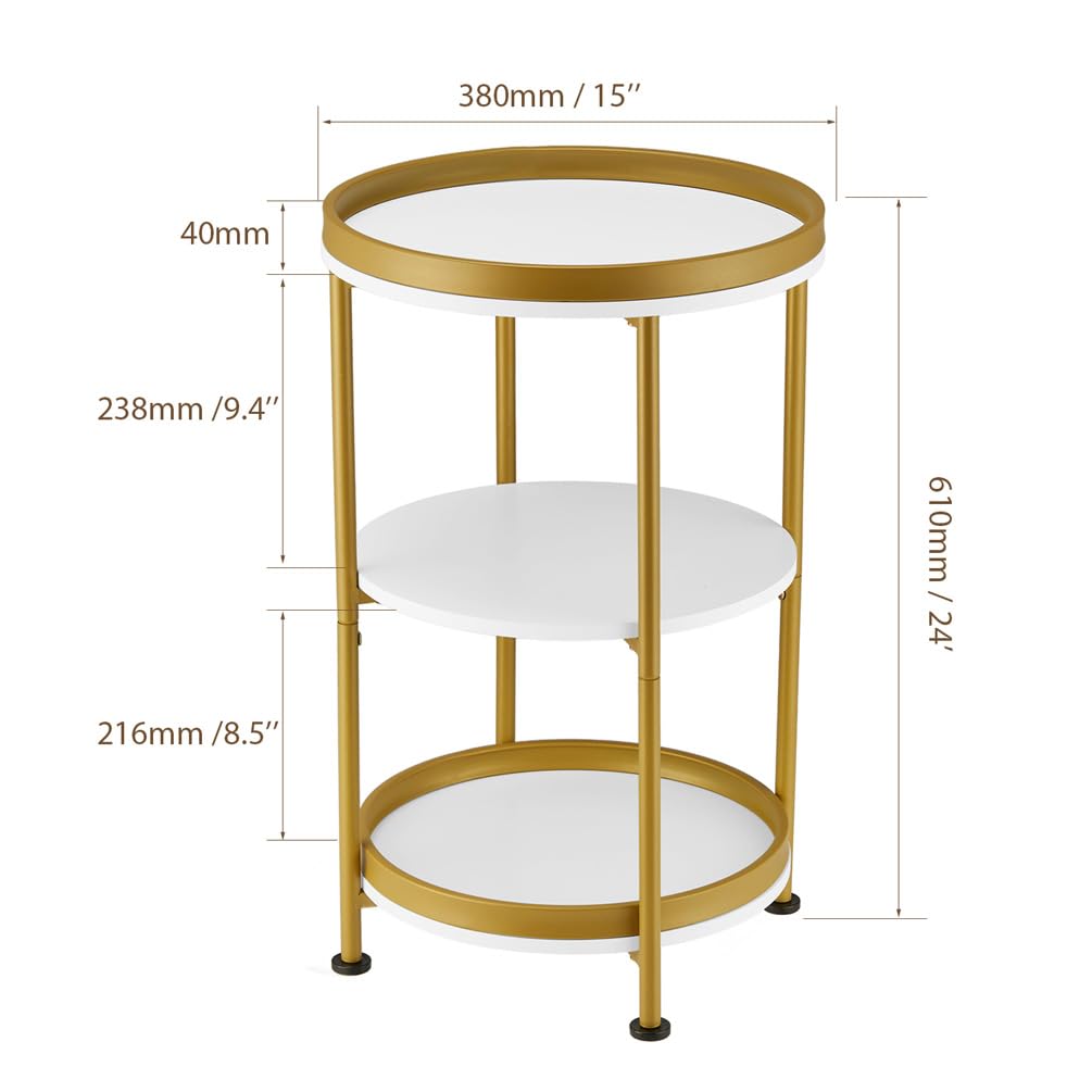 Dulcii Round Side Table with Storage Tray for Living Room, 15" L x 15" W x 24" H Bedroom Nightstand 3 Tiers Bedside Table with Steel Frame for Small Spaces (White & Gold)