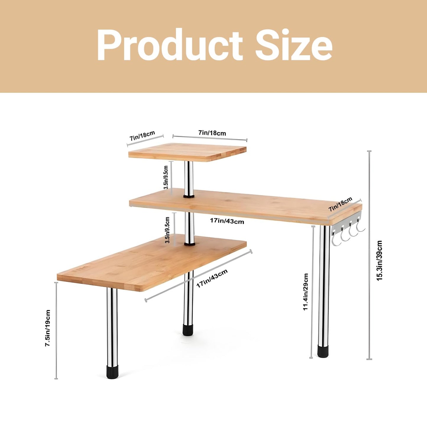 HYNAWIN 3-Tier Corner Shelf, Bamboo & Metal Storage Rack with Hooks, Adjustable Countertop Organizer for Kitchen, Bathroom, Bedroom or Office