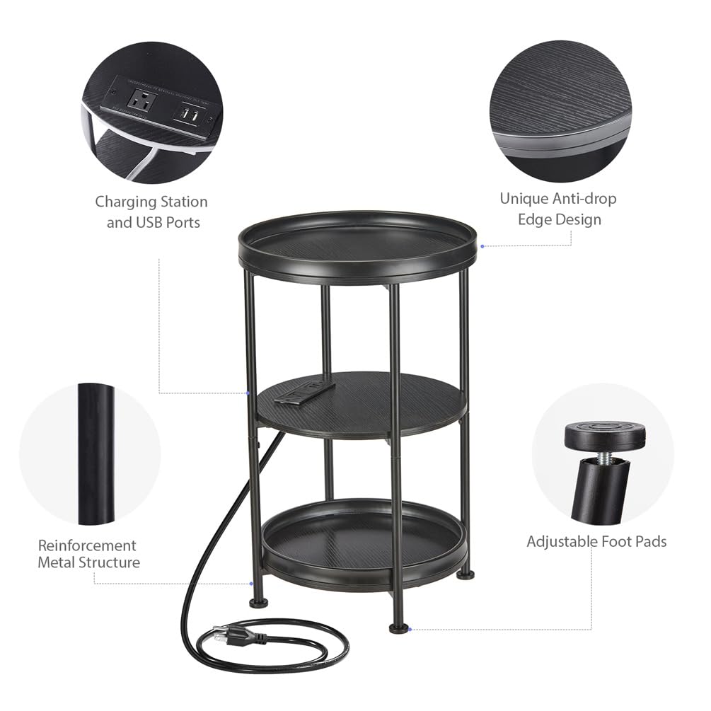 Dulcii Round Side Table with Charging Station, 24'' End Table with 3 Shelves for Living Room, Bedroom Nightstand with Steel Frame for Small Spaces, Industrial Round Sofa Table (USB+Black)