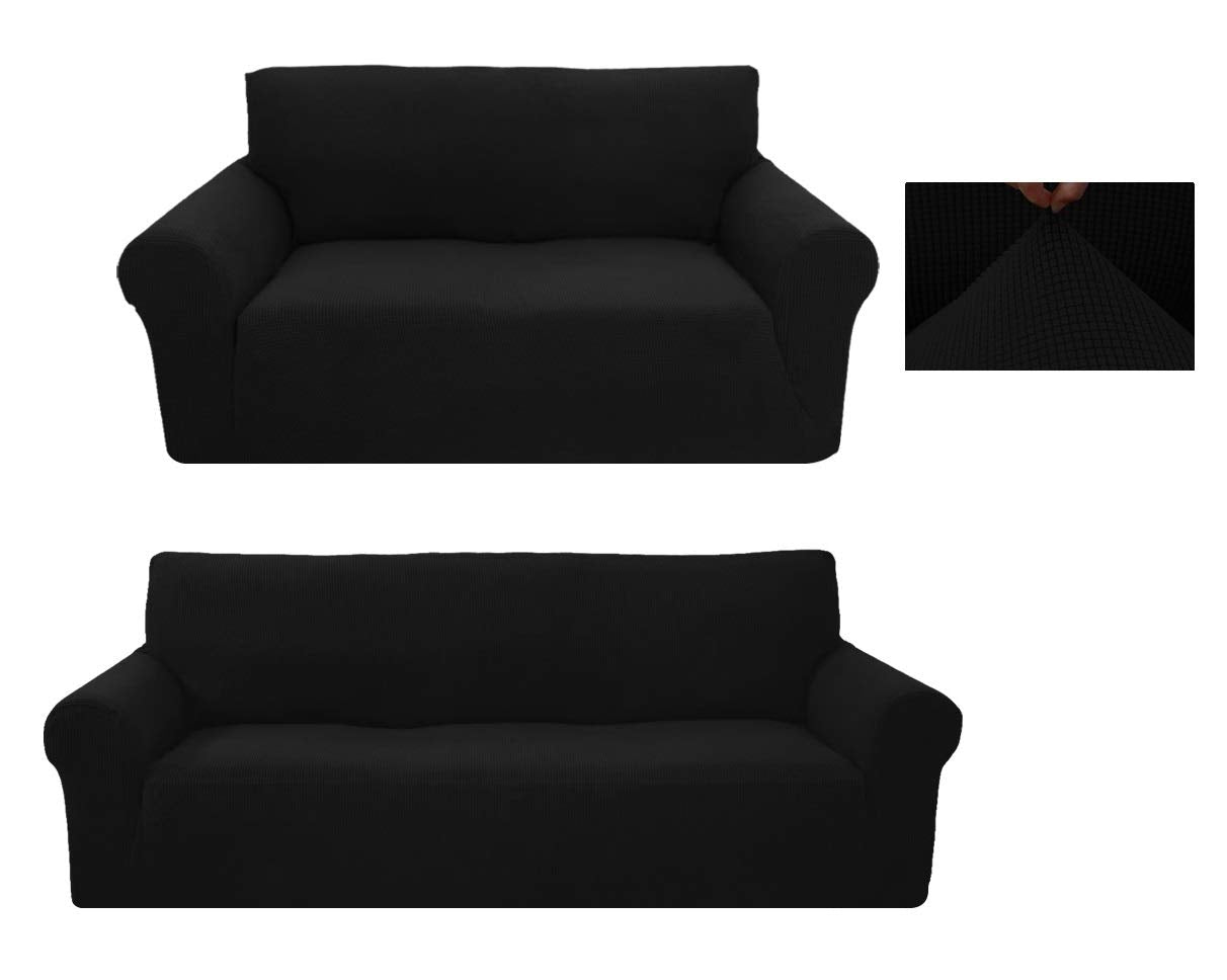 Sapphire Home 2-Piece Sofa and Loveseat Slipcovers, Couch and Loveseat Covers Set, Form fit Stretch, Wrinkle Free, Furniture Protector, Premium Brushed Sofa Covers for Living Room (Black)