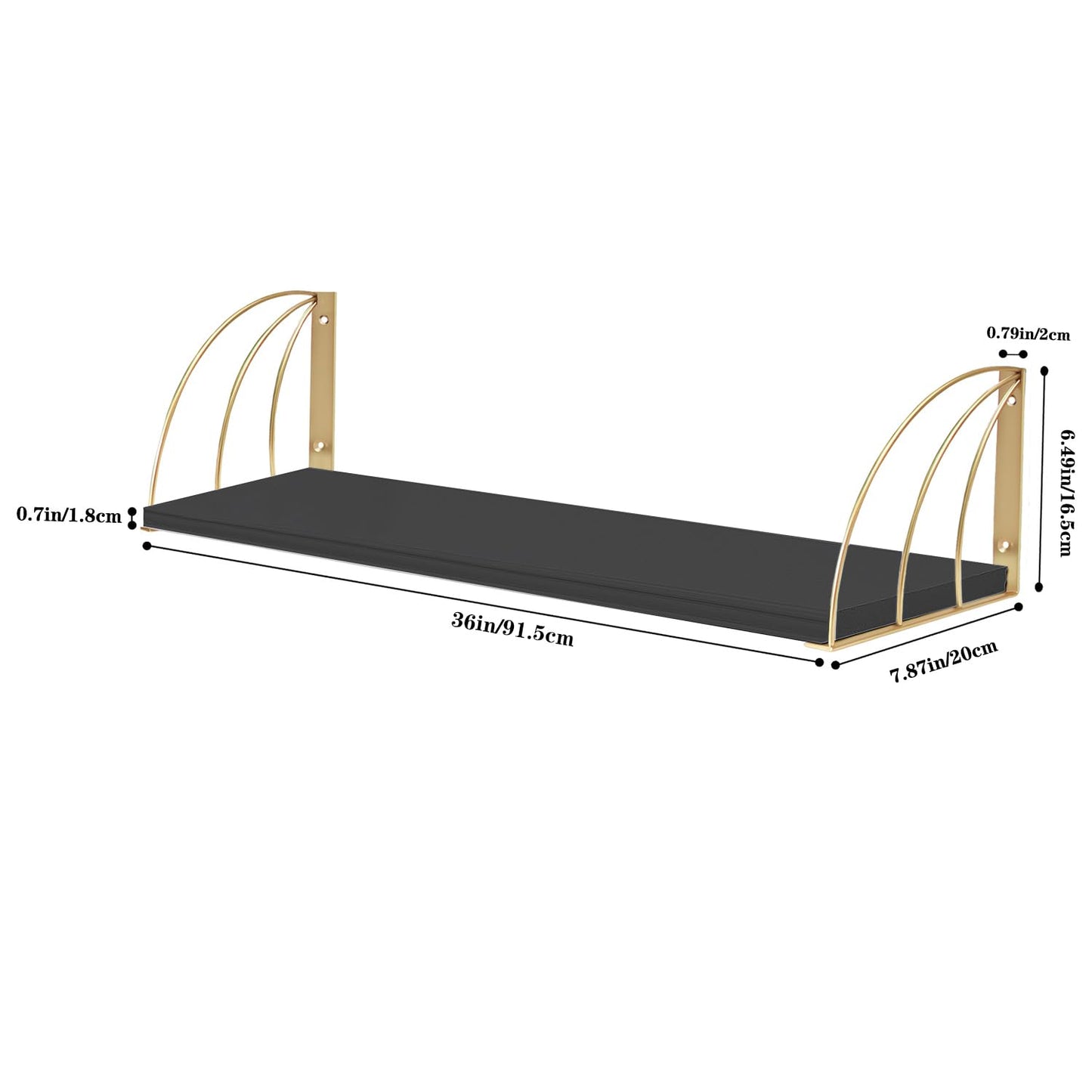 Long 36 inch Black Floating Shelves for Wall - Curved Fan-Shaped Design with Built-in Anti-Slip Book Stops|0.71" Thicker Heavy Duty Wall Bookshelf|Back Gold Shelves for Books, Home Décor Set of 2