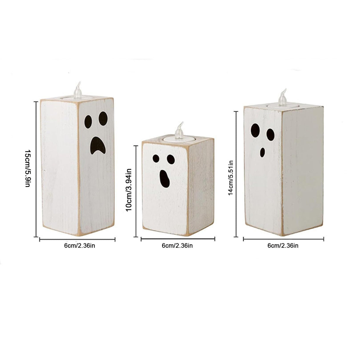 3PCS Halloween Wood Tealight Candle Holders Rustic Wooden Ghost Theme Table Sign Blocks with Tea Light Candle Holder for Farmhouse Centerpieces, Office, Tiered Tray, Shelf Décor