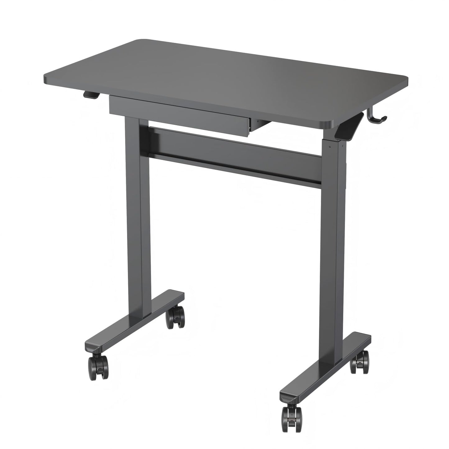 DAWNYIELD Standing Desk for Walking Pad with Wheels, Pneumatic Cordless Height Adjustable Rolling Desk, Mobile Computer Workstation with Drawer Hook Locking Casters for Treadmill & Home Office, Black