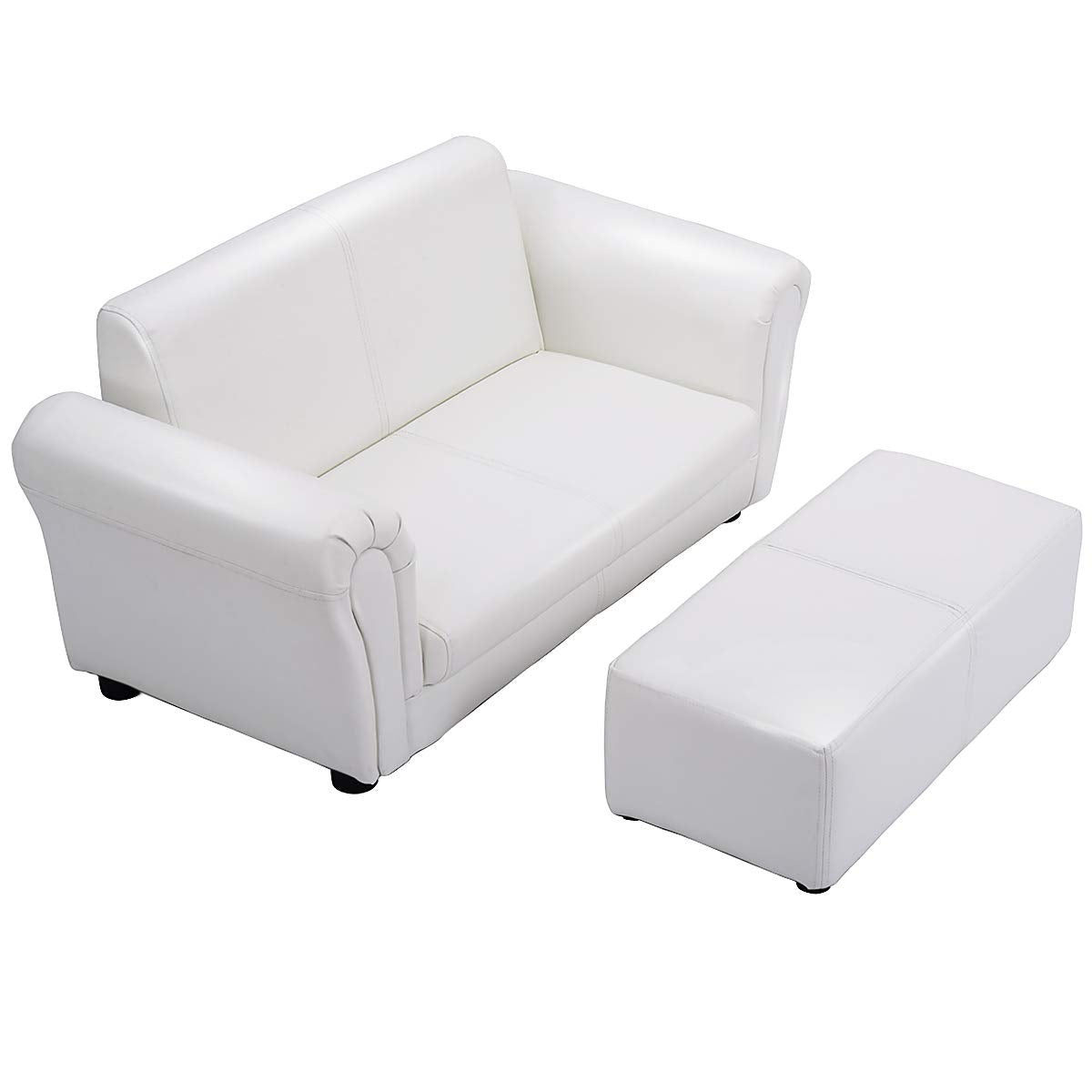 Costzon Kids Couch with Footstool, 2 in 1 Double Seat Children's Sofa w/PU Leather Surface, Armrest Chair Lounge, Soft Sofa for Preschool Bedroom Kids Room Toddlers Boys Girls Birthday (White)