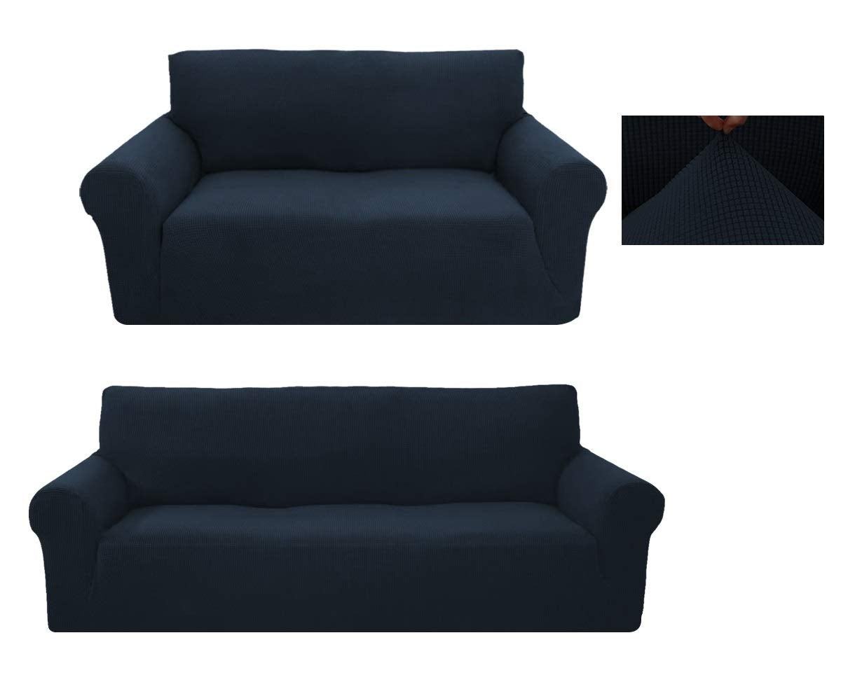 Sapphire Home 2-Piece Sofa and Loveseat Slipcovers, Couch and Loveseat Covers Set, Form fit Stretch, Wrinkle Free, Furniture Protector, Premium Brushed Sofa Covers for Living Room (Blue)