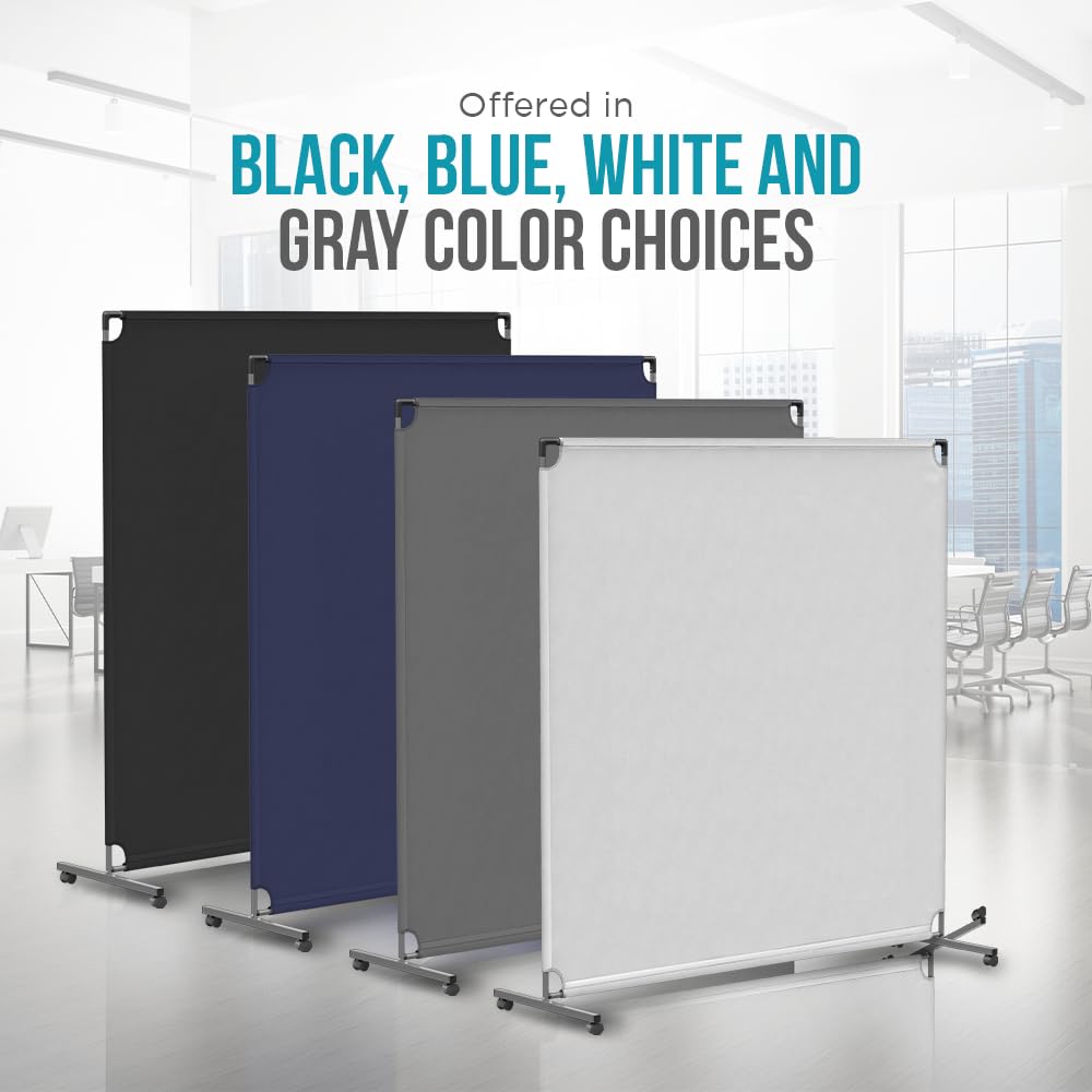 Steel-AID 72-inch Rolling Privacy Room Divider - Freestanding Office Wall Partition with Non See-Through Blackout Screen - Sturdy & Durable Iron Frame - Rolling Wheels - Black, White, Gray & Blue