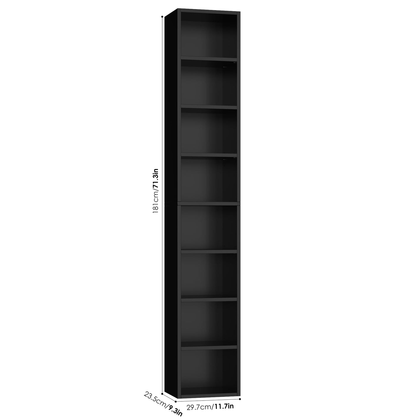 FOTOSOK 8-Tier Media Tower Rack, 11.6 X 9.3 X 70.9 Inches CD DVD Slim Storage Cabinet with Adjustable Shelves, Tall Narrow Bookcase Display Bookshelf for Home Office, Black
