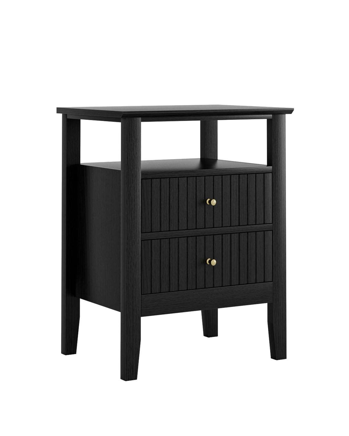 Apetaccat Fluted Nightstand, Farmhouse Night Stand with 2 Drawers, Mid Century Modern Side Accent Table,Bedside End Table for Bedroom, Living Room, Black