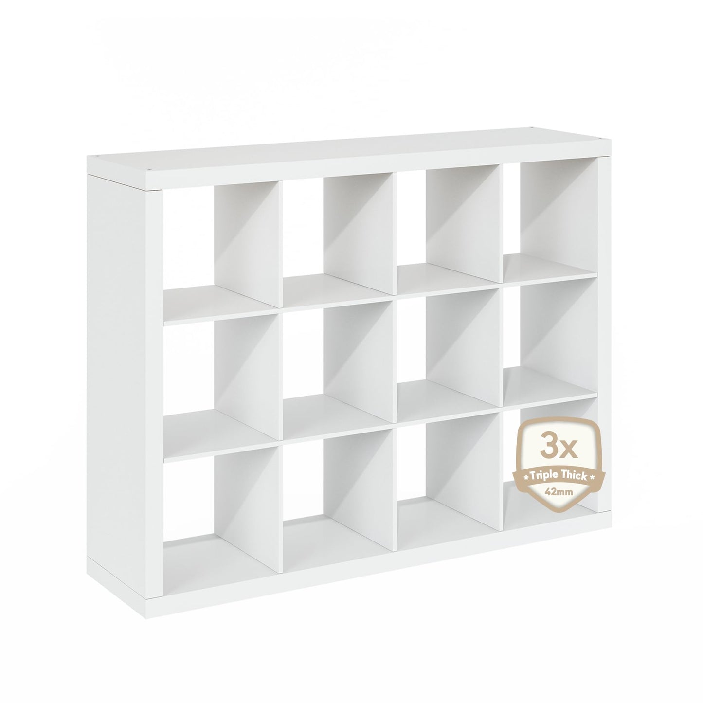 Furinno Cubicle Book Shelf, 12-Cube Bookshelf, Triple Thick Frame Cube Storage Organizer, 1.65" Thick Bookcase, 15.4" x 57.4" x 43.4", for Home Office, Living Room, Plain White