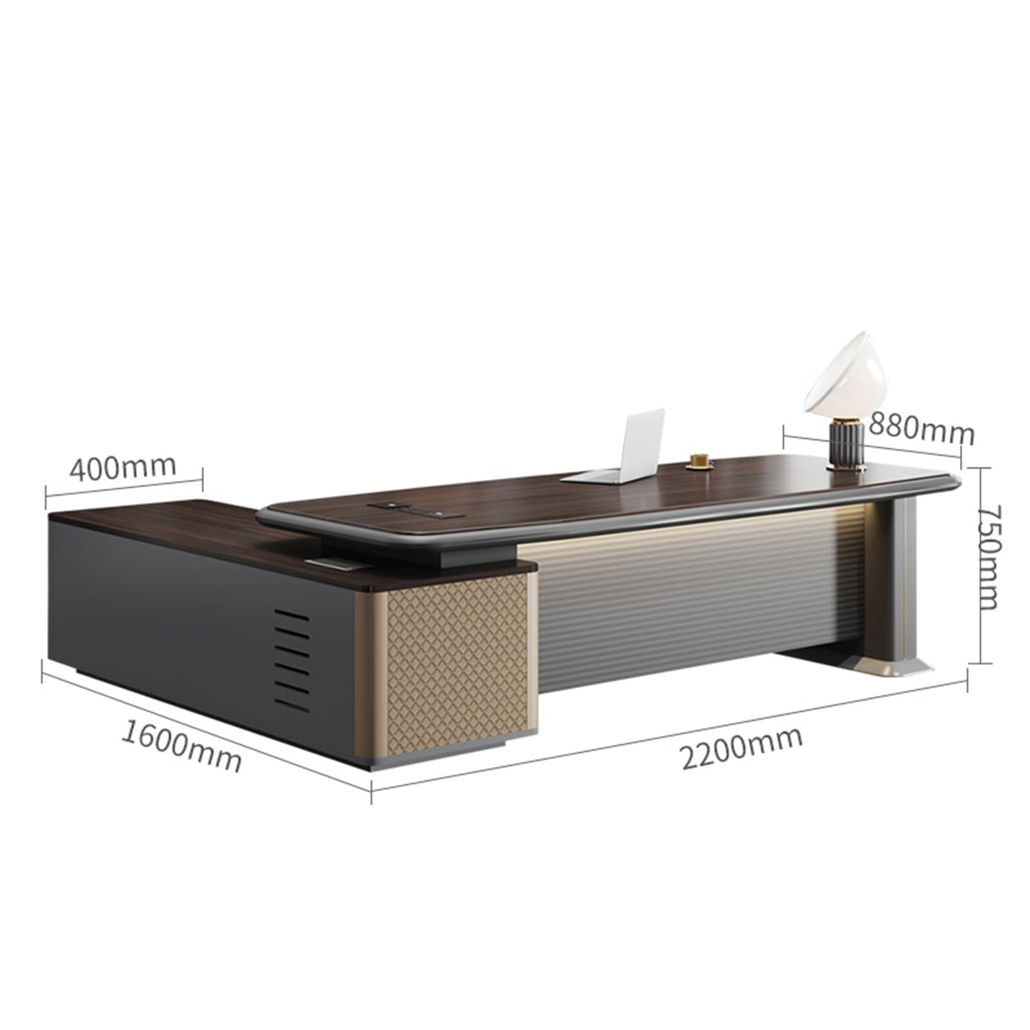 LSIGHTUS Luxury L Shaped Executive Office Desk, Modern Large Home Executive Desk with Drawers Built-in Cable Box & LED Lighting Management Working Table for Boss, Owners