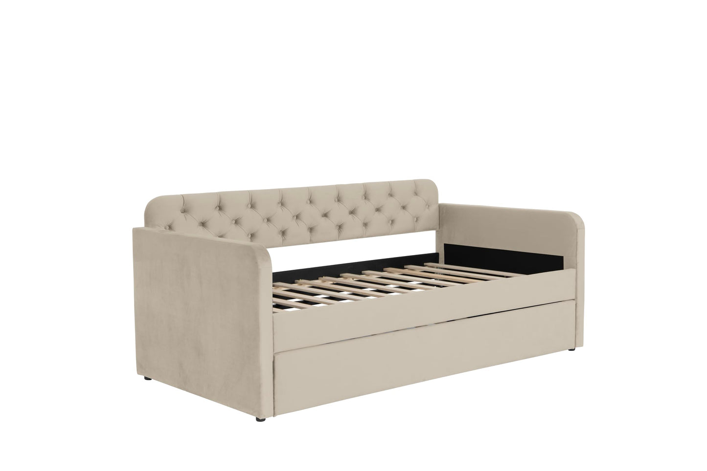 KEIKI Twin Upholstered Daybed with Trundle & USB Charging, Plush Velvet Button-Tufted Headboard Twin Bed Frame with Wood Slats, Sofa Bed for Living Room or Bedroom, Light Beige