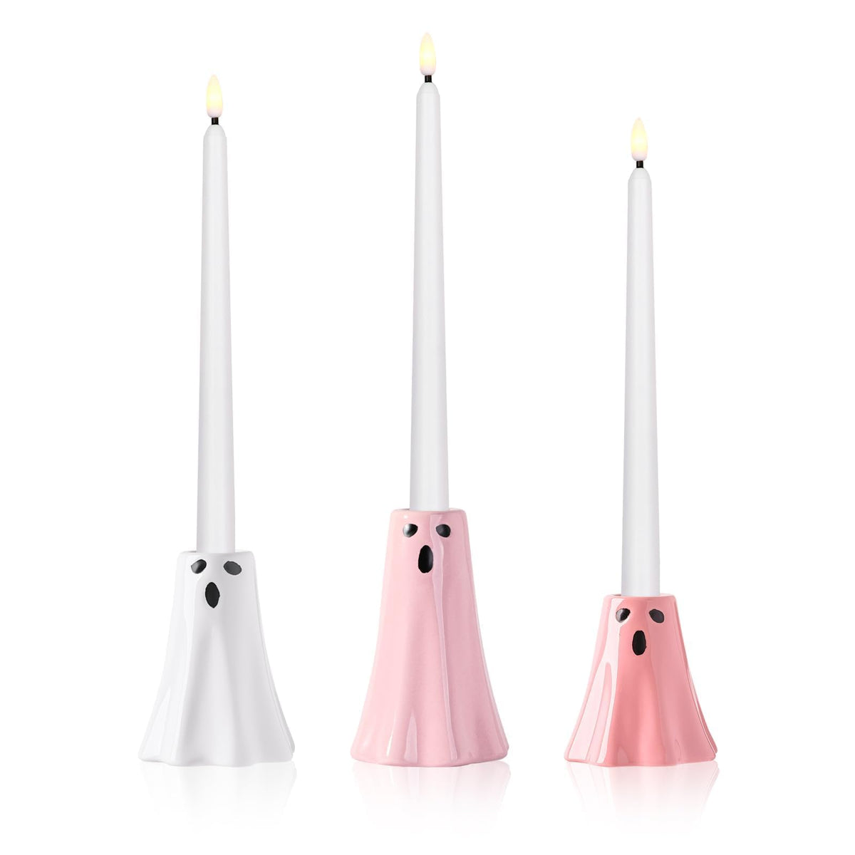 Halloween Ceramic Ghost Decor: Cute Pink Ghost Figurine Lamps Taper Candle Holder Sticks Halloween Table Decor, Pastel Decorations Indoor for Desk Office Mantel Home Fireplace Farmhouse Party Gifts