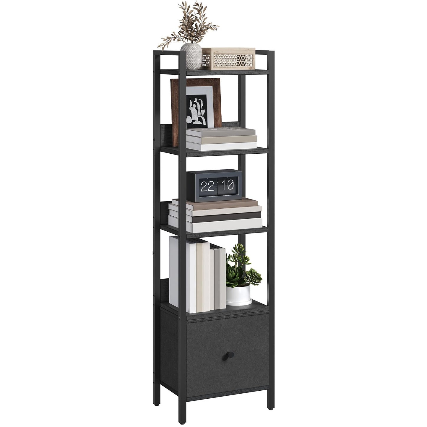 MAHANCRIS Bookshelf, 5-Tier Bookcase with Drawer, Small Book Shelf for Small Space, Storage Shelf Organizer, for Living Room, Bedroom, Study, Kitchen, Black BKHB55101