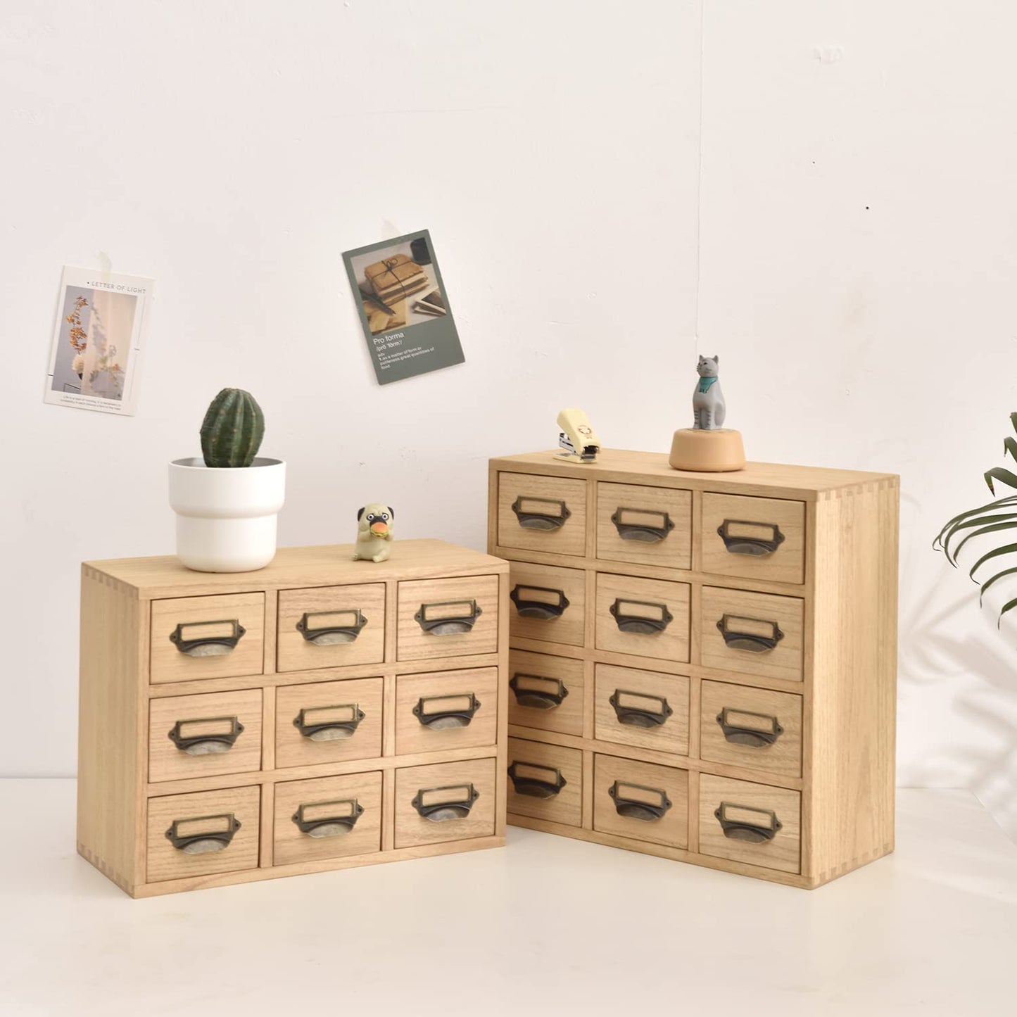 KIRIGEN Wooden Desk Storage Cabinet with 9 Mini Drawers, Wood Desktop Organizer with Metal Label Handles for Office Supplies, Crafts, Tea Bags, Makeup, Natural 9CG-NA