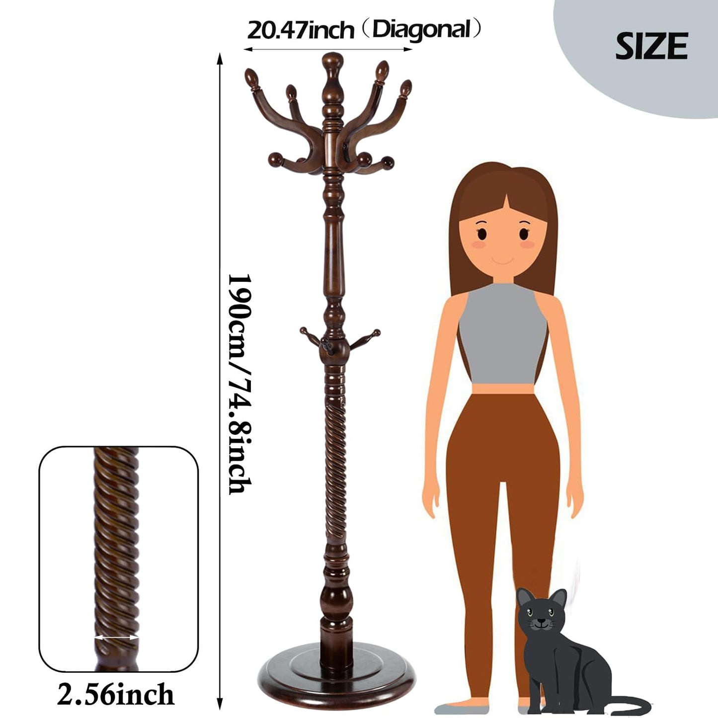 Sauqzoh Coat Racks Free Standing with 14 Hooks, Natural Wood Coat Stands for Entryway, Adjustable Height 73 in Tree Coat Rack Stand for Hallway Home Office Bedroom (Dark Brown)
