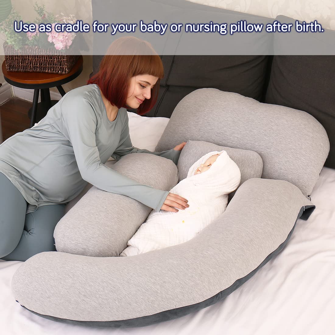 MOON PINE 60 inch Pregnancy Pillow, Detachable Maternity Body Pillow, Large U Shaped Sleeping Pillow for Pregnant Women with Removable Cover (Grey-Jersey)