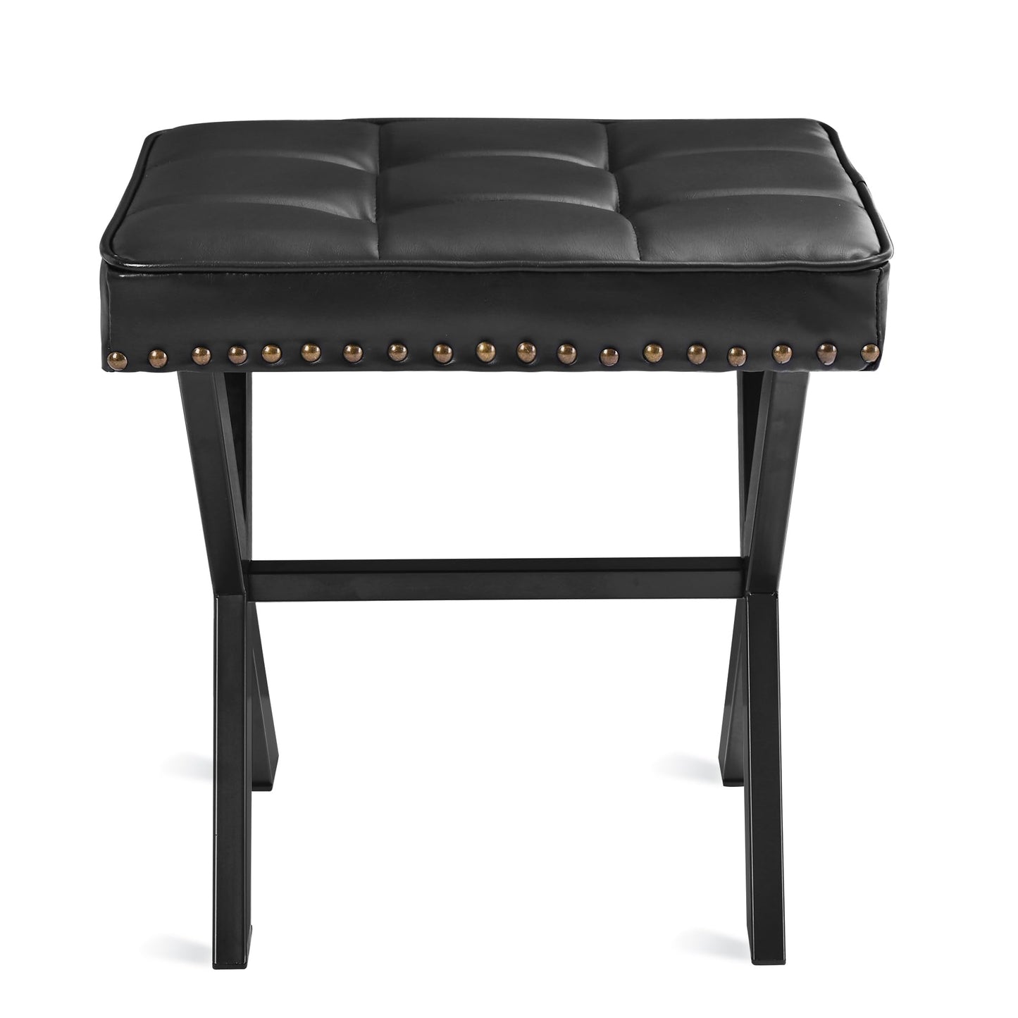 LUE BONA Vanity Stool - Square Faux Leather Makeup Seat With Metal X Legs, Small Ottoman Chair for Makeup Room, Living Room - Modern Padded Foot Rest, Black